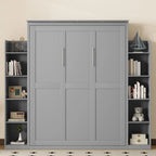 Aukfa Queen Size Murphy Bed with 5-Tier Storage Shelf & LED Lights, Foldable Wall Bed Cabinet with Mattress Support, Space-Saving Design for Guest Room/Home Office, Gray