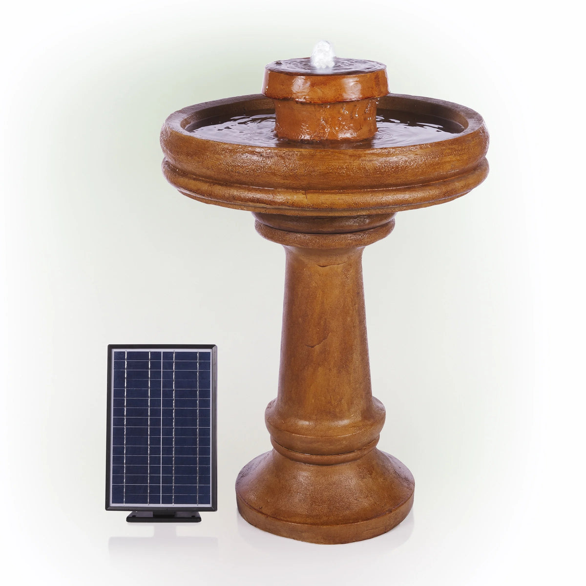 Alpine Corporation  29" Outdoor Birdbath Fountain with LED Lights  Classic Pedestal Solar-Powered Garden Water Feature, Brown
