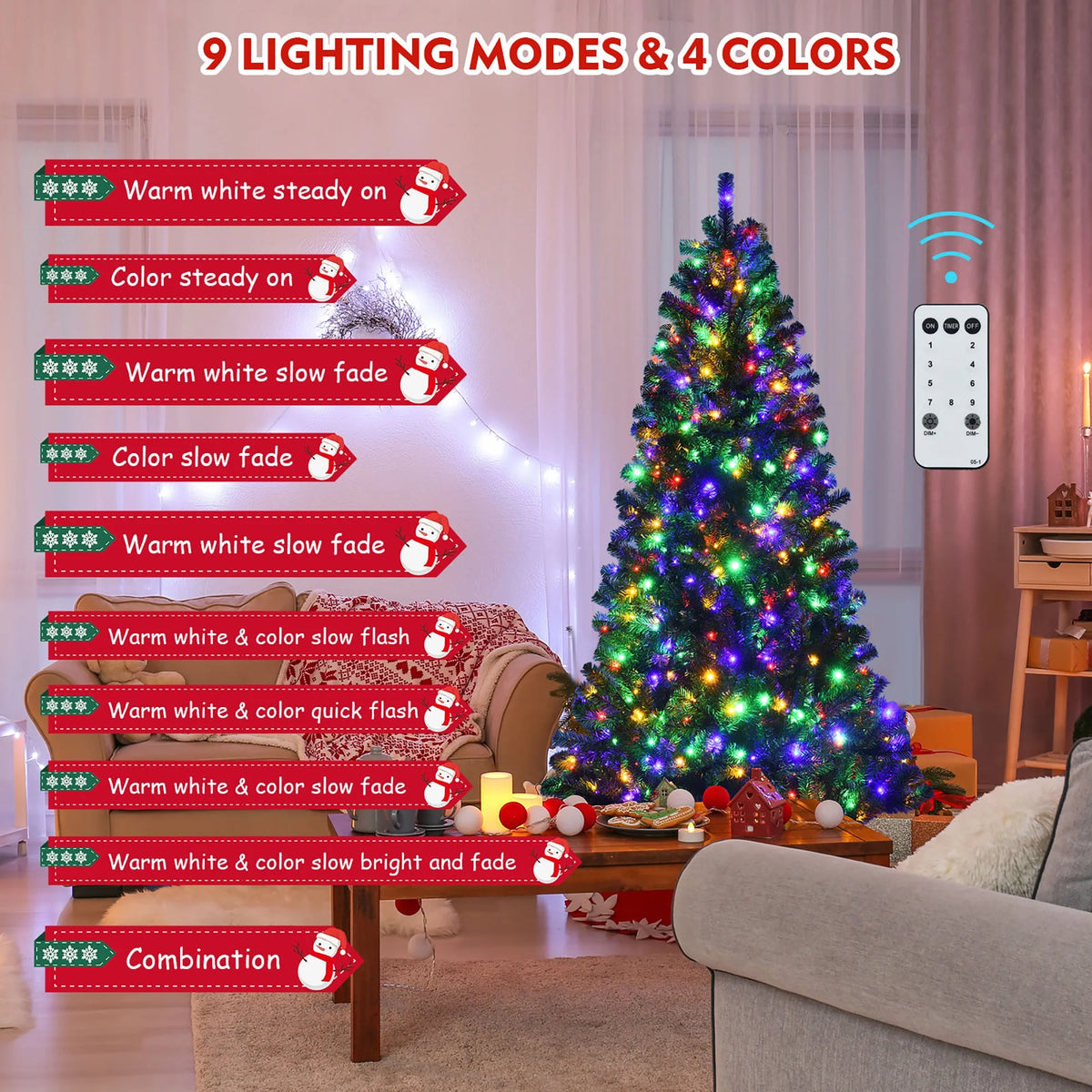Costway 7ft Pre-lit Hinged Christmas Tree w/ Remote Control & 9 Lighting Modes