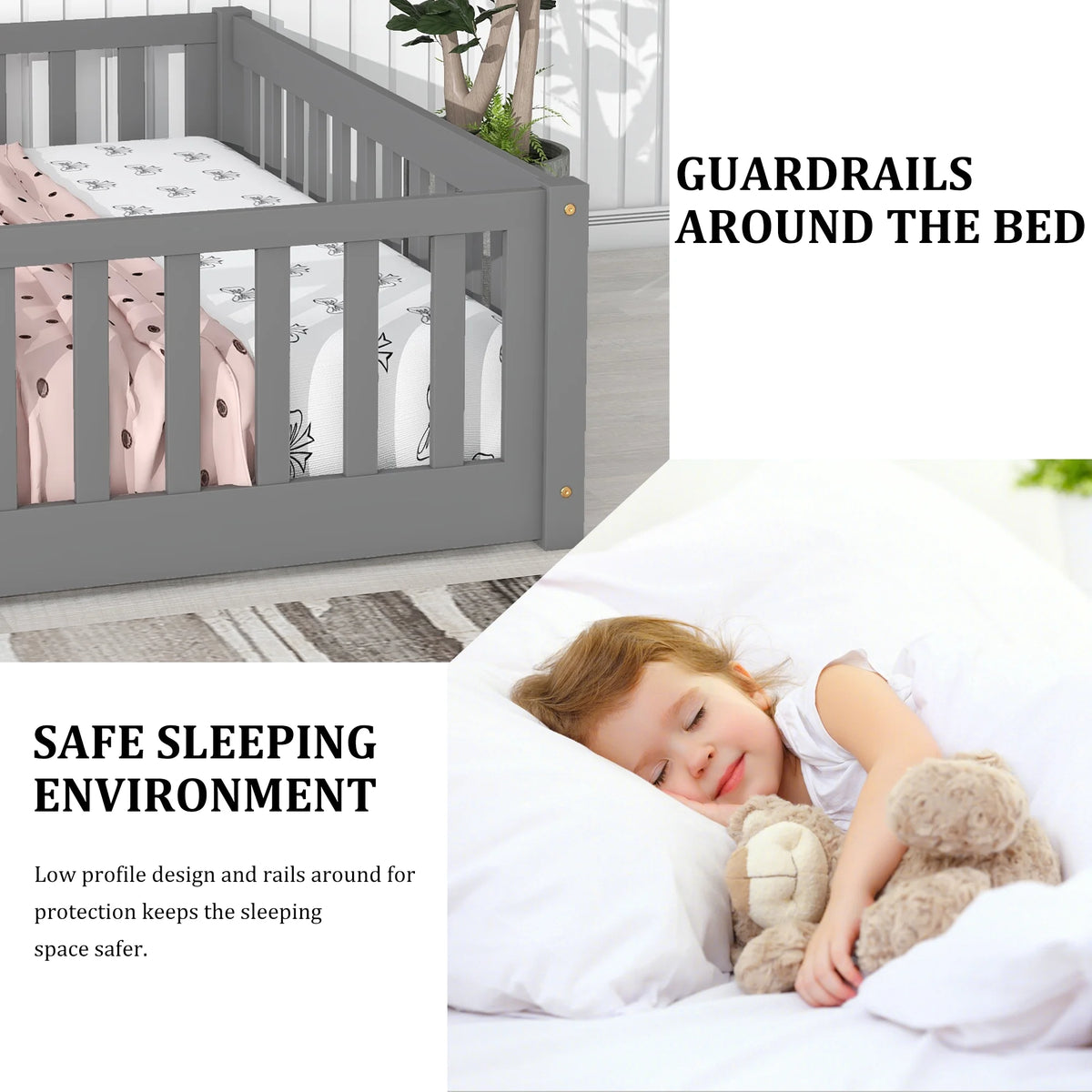 UHOMEPRO Twin Size Floor Bed with Door and Fence, Montessori Floor Bed with Slats and Safety Guardrails, Solid Wood Twin Bed Frame for Bedroom, White