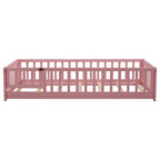 UHOMEPRO Twin Size Floor Bed with Door and Fence, Montessori Floor Bed with Slats and Safety Guardrails, Solid Wood Twin Bed Frame for Bedroom, White
