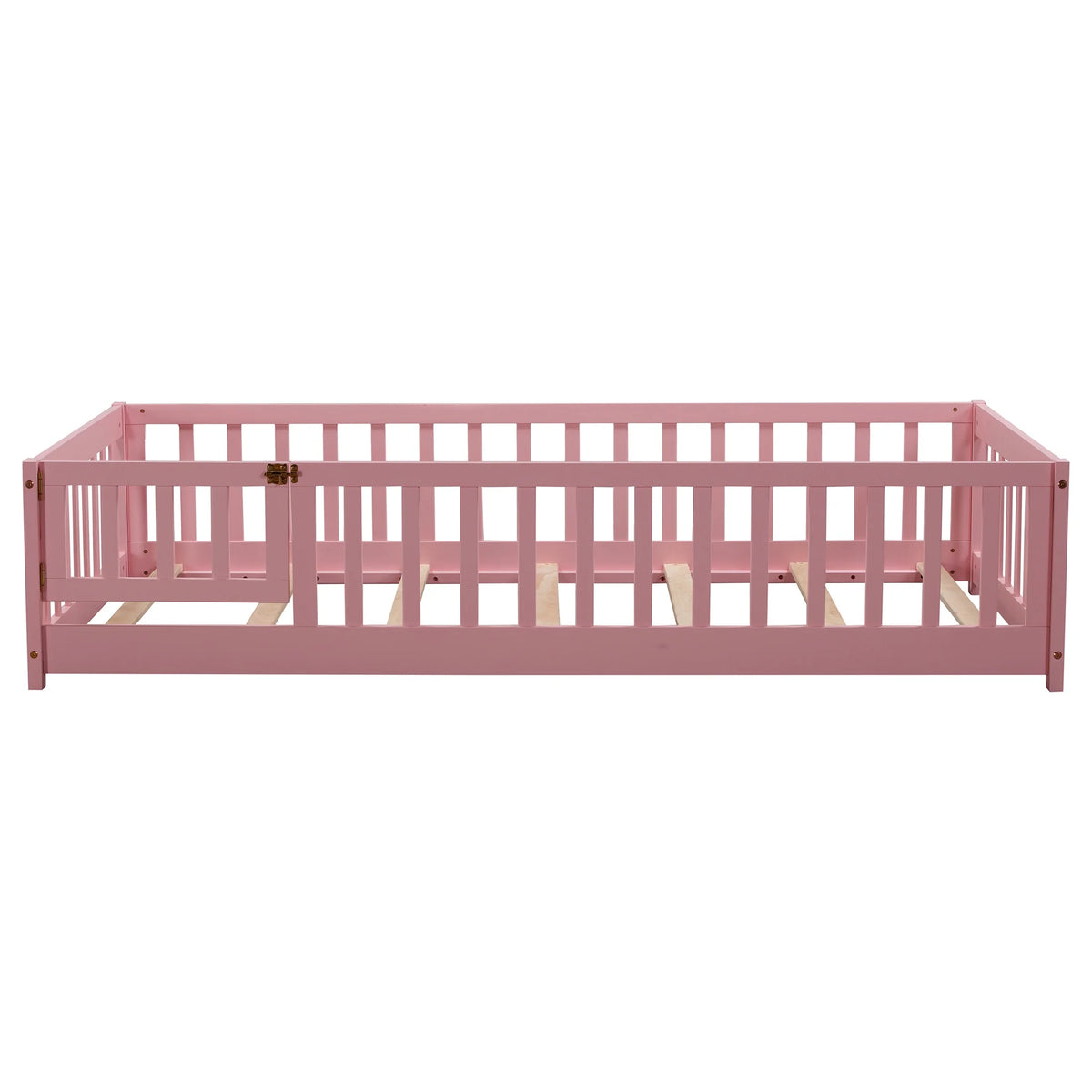 UHOMEPRO Twin Size Floor Bed with Door and Fence, Montessori Floor Bed with Slats and Safety Guardrails, Solid Wood Twin Bed Frame for Bedroom, White