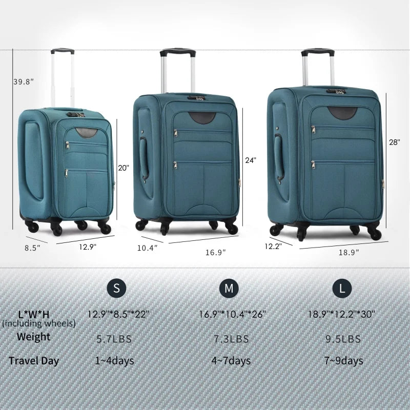 Softside Luggage Expandable 3 Piece Set Suitcase Upright Spinner Softshell Lightweight Luggage Travel Set