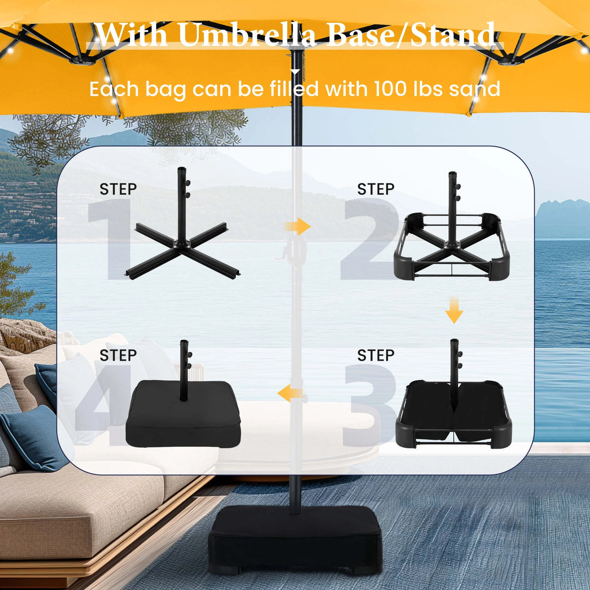 Summit Living 15 FT Double-Sided Solar Patio Umbrella with Base Large Outdoor Umbrella with LED Solar Lights - Haze Blue