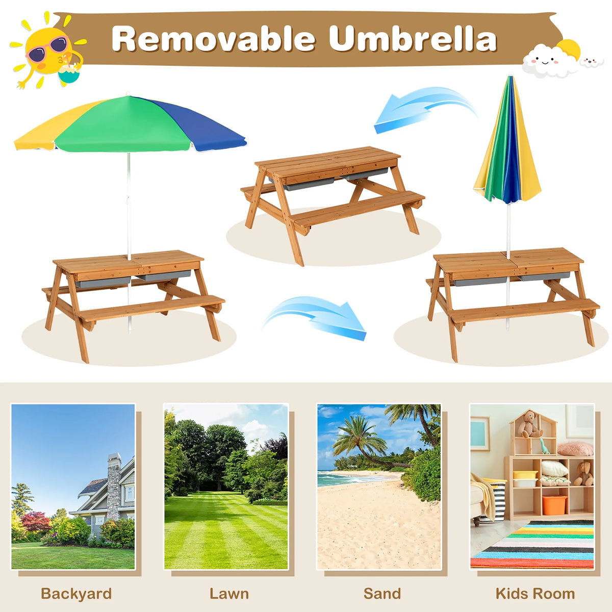 Costway 3-in-1 Kids Picnic Table Wooden Outdoor Sand & Water Table with Umbrella Play Boxes Green
