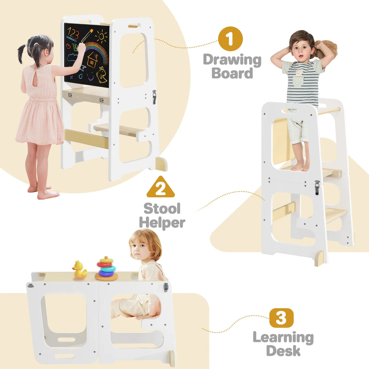 JOZ Kitchen Toddlers Step Stool, Montessori Kids Learning Stool, Foldable Toddler Tower for Counter, Standing Helper for Children, 3 Adjustable Heights, Wooden, White