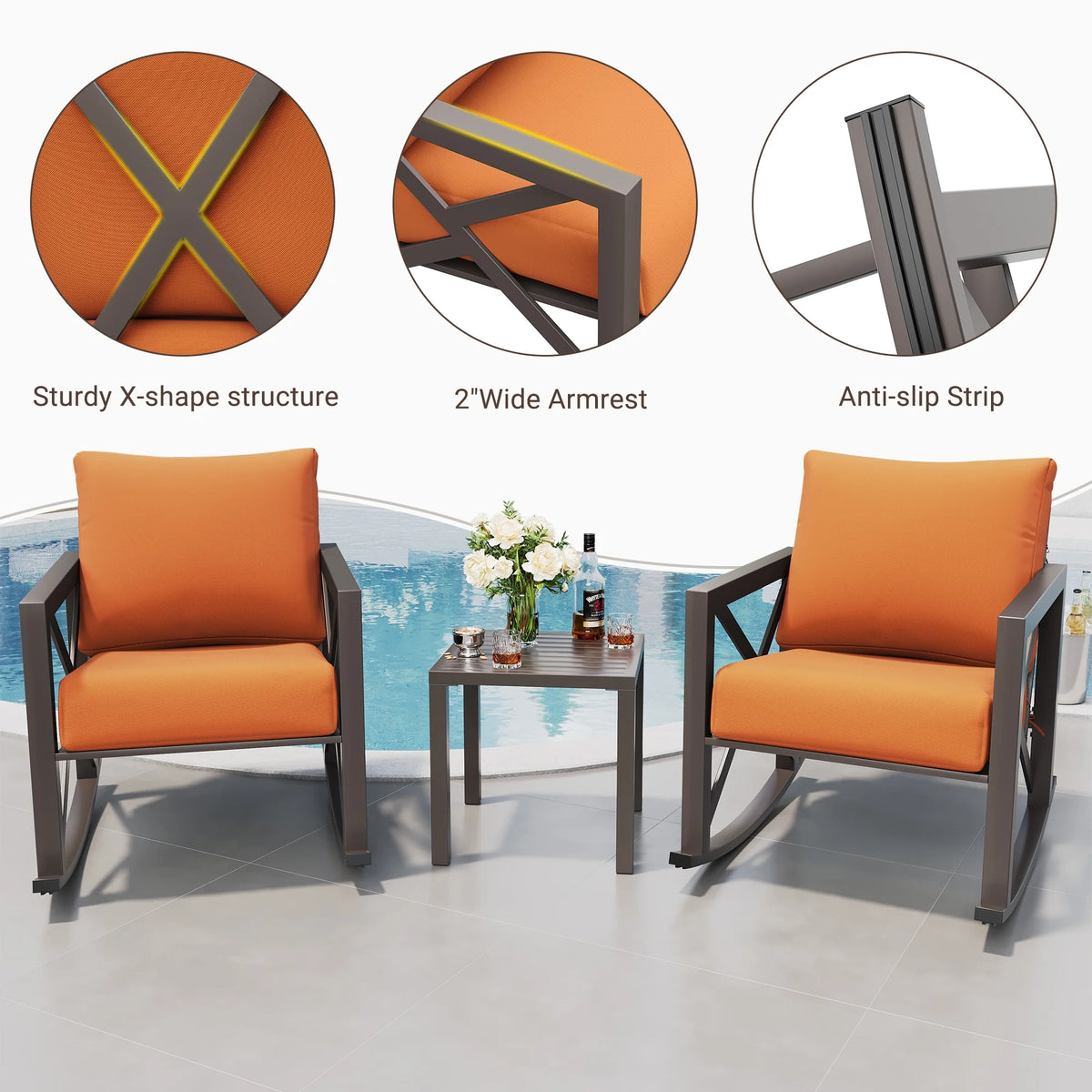 MRUAKA Rocking Chair Bistro Set,3 Piece Outdoor Patio Furniture Set with 2 Rockers and 1 Metal Coffee Table with Thick Cushions for Porch,Backyard,Poolside,Beige