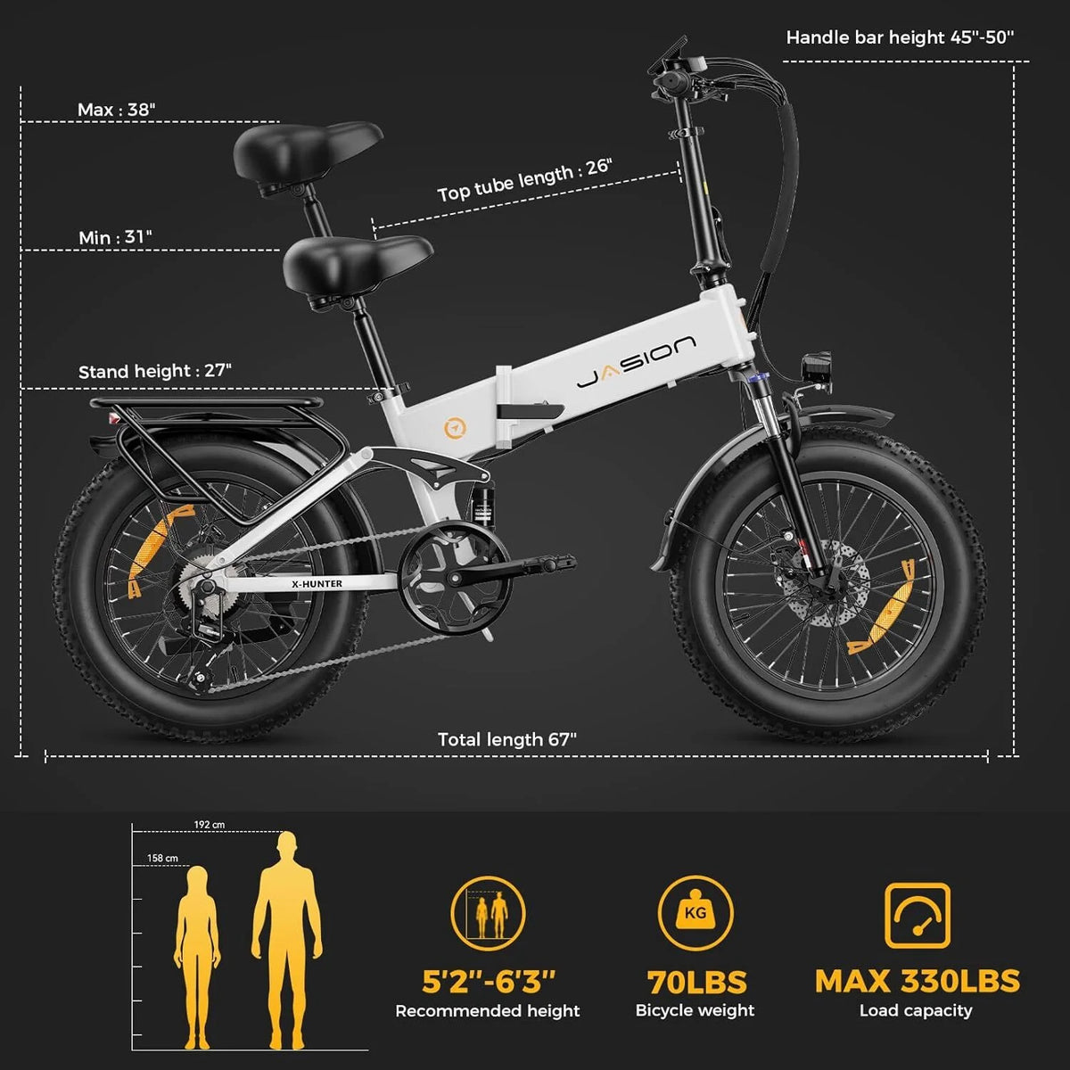 Jasion X-Hunter Electric Bike for Adults, 750W Motor Electric Bicycle with 48V 13AH Removable Battery, 20" x4.0 Fat Tire Folding Ebike, Full Suspension, 7-Speed Bicycles
