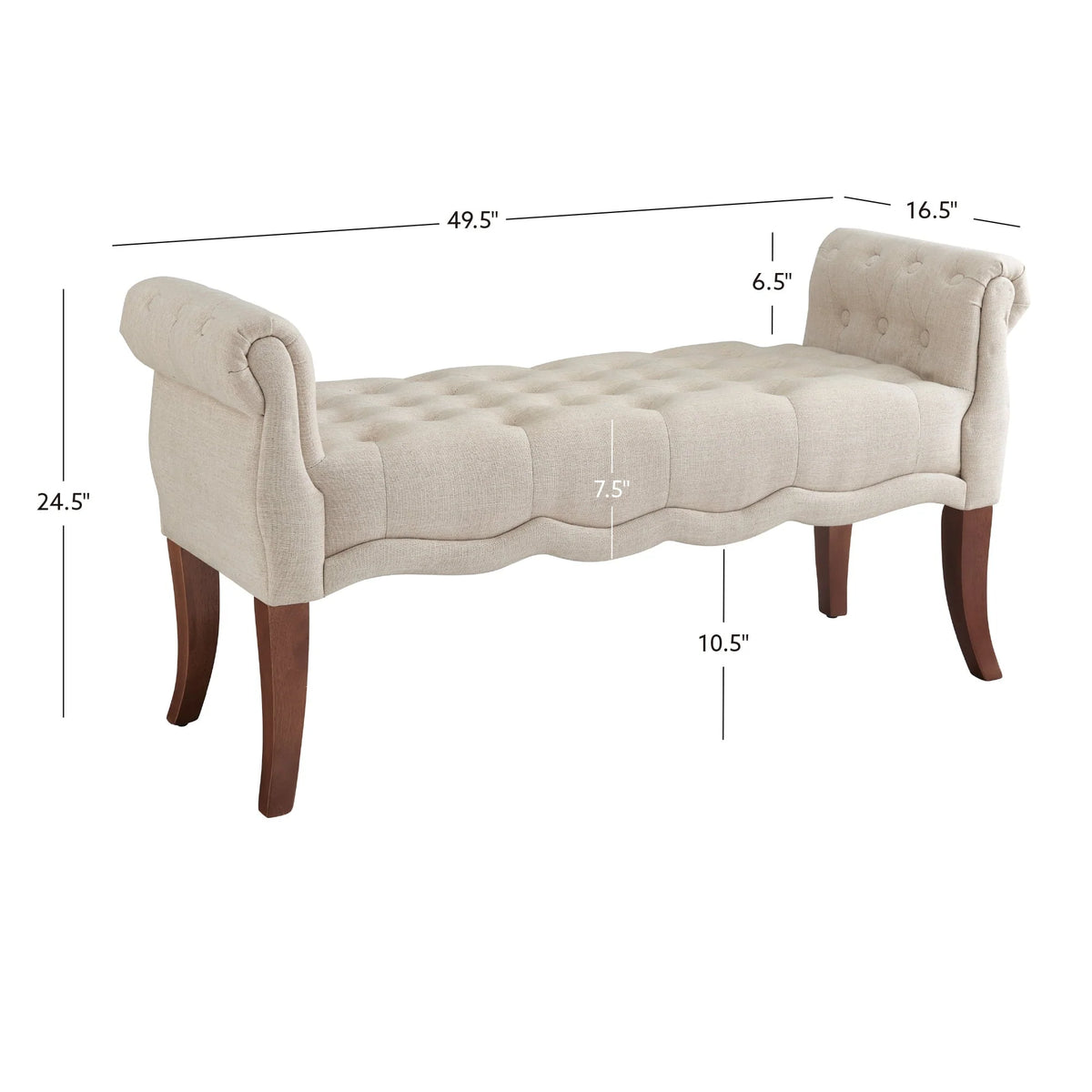 Linon Menlo Rolled Arm Button Tufted Bench, Dark Walnut Finish with Natural Fabric