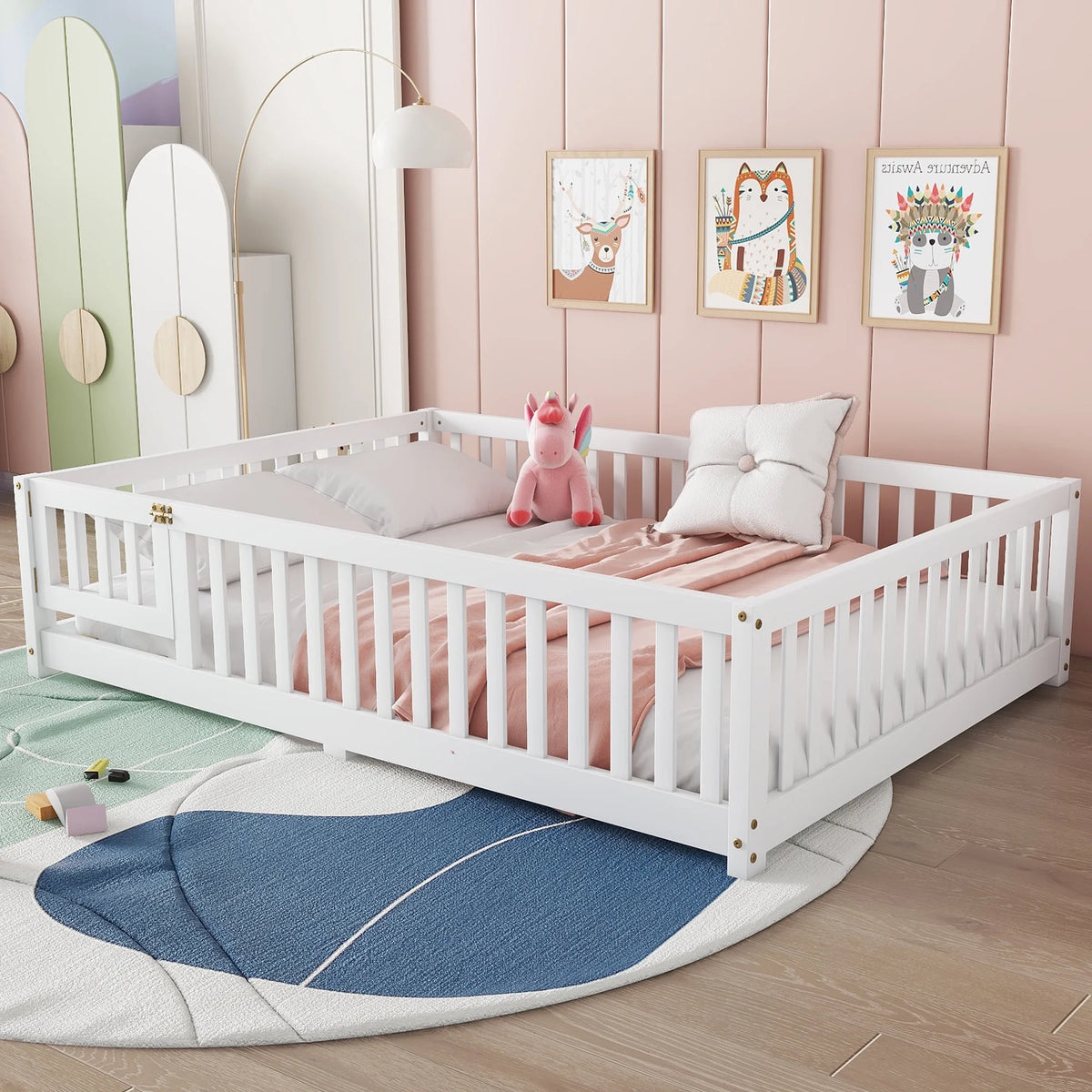 Bellemave Full Size Floor Bed with Door and Fence Floor Bed with Bed Slats Sturdy Wood Floor Bed Montessori Bed Frame (Full, Pink)