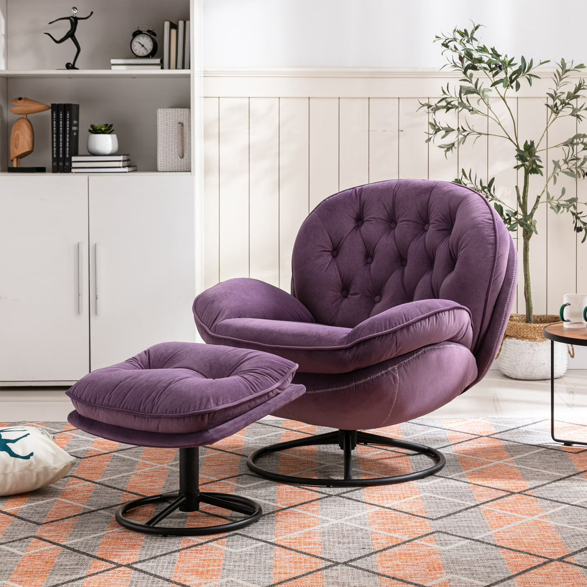Velvet Swivel Accent Chair with Ottoman, Modern Chaise Lounge Chair with Metal Frame and Footstool, Comfy Armchair Reading Chair for Living Room Bedroom Office,Blue