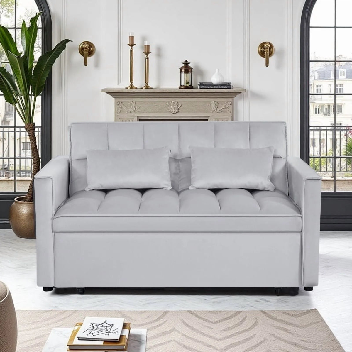 Gewnee 55'' Modern Convertible Velvet Sofa Bed with Pull-Out Twin Bed, Adjustable Backrest for Living Room, Office (Dark Gray)