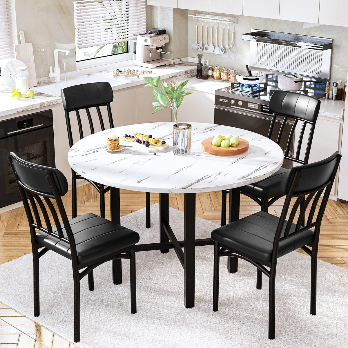 Furlinkhm Round Dining Table Set for 4, Wood Round Kitchen Table and Chairs Set for 4, Modern Dining Room Table Set with 4 Faux Leather Chairs, Round Dinner Table for Small Space, Walnut