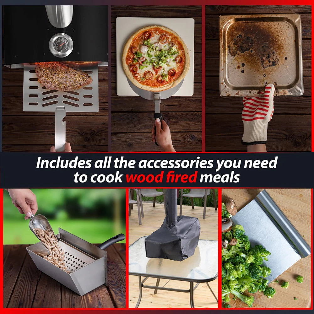 Deco Chef Outdoor Pizza Oven with 2-in-1 Pizza and Grill Oven Functionality, 13" Pizza Stone, 3-Layer Stainless Steel Construction, Pizza Peel, Dough Scraper, Scoop, Slotted Grill (Black) - (Open Box