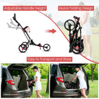 Costway Foldable 3 Wheel Steel Golf Pull Push Cart Trolley Club w/ Umbrella Holder