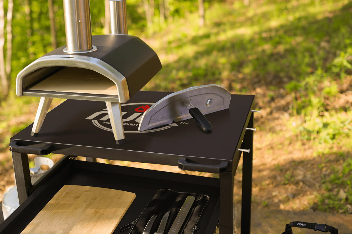 NUUK Three-Shelf Heavy Duty Rolling Outdoor Pizza Oven Table, 24" x 30" Steel Commercial Multifunctional Food Prep Worktable on Wheels
