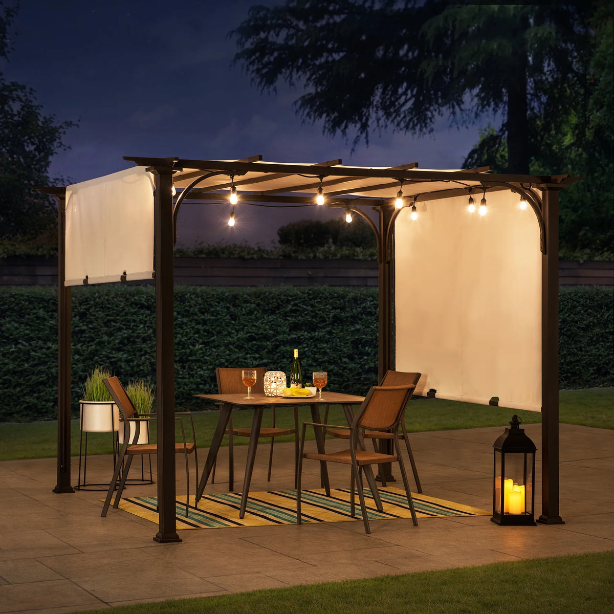 Sunjoy Diego 10x10 ft. Outdoor Patio Brown Steel Classic Frame Pergola with Retractable White Canopy Shade for Backyard, Garden Activities