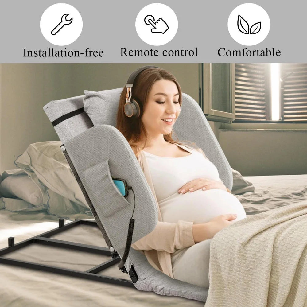 Electric Lifting Backrest for Bed, Folding Adjustable Multi-Function Neck Head and Lumbar Back Support for Elder, Electric Lifting Backrest Pillow with Electric Pump System (Gray with Armrest)