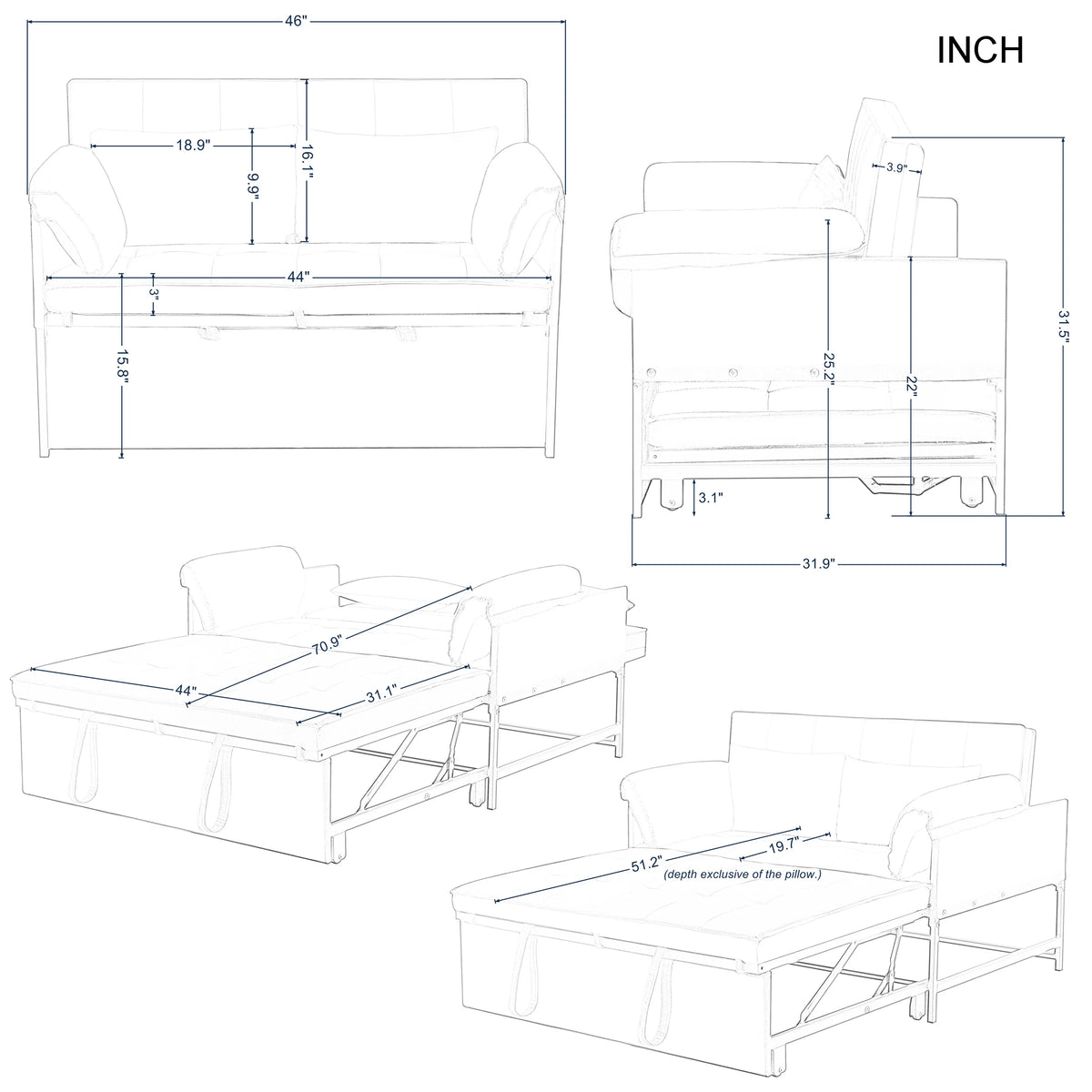 Gewnee 46" Velvet Sleeper Sofa Reclining Convertible Futon Couch Bed for Living Room, Guest & Small Spaces(Black)
