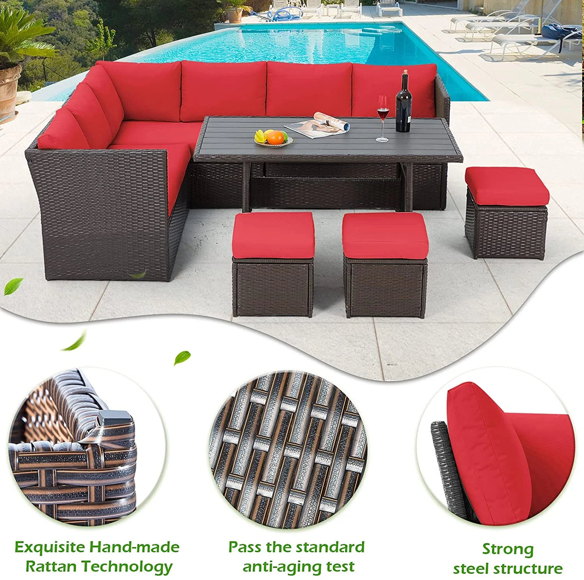 AECOJOY 7 Piece Patio Furniture Set PE Rattan Outdoor Dining Set Sectional Sofa Couch with Table Patio Conversation Set in Gray