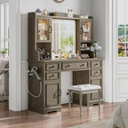 EnHomee Farmhouse Vanity Desk with Mirror and Lights White Vanity with Lighted Mirror Makeup Vanity Set with RGB Cabinets and Storage Drawers