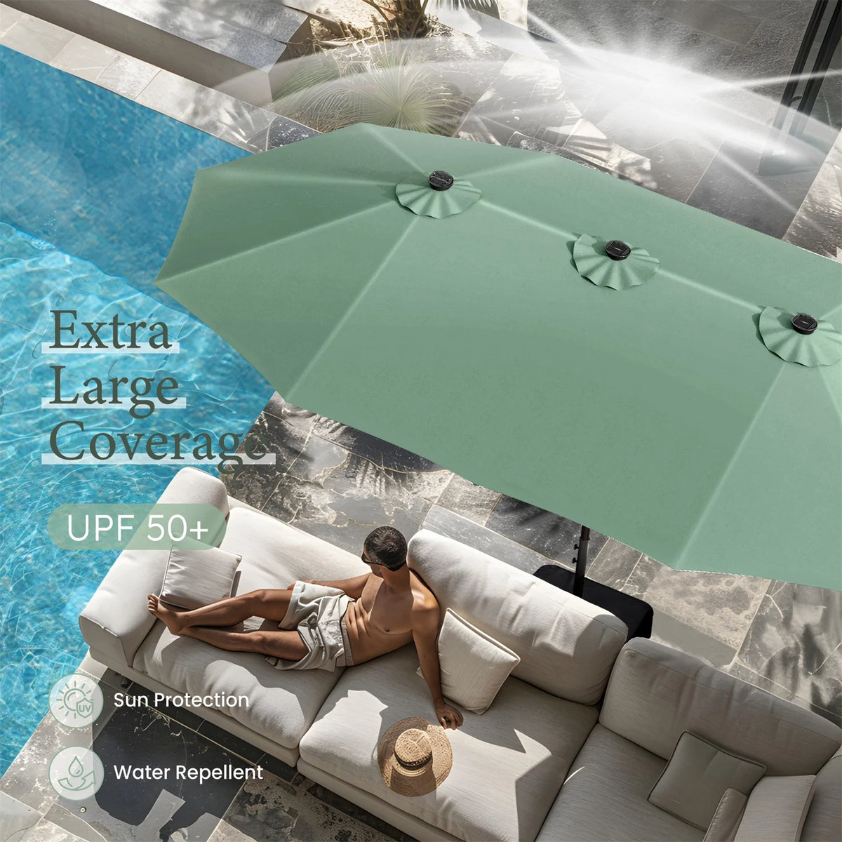 Summit Living 15 FT Double-Sided Solar Patio Umbrella with Base Large Outdoor Umbrella with LED Solar Lights - Haze Blue