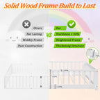 UHOMEPRO Twin Size Floor Bed with Door and Fence, Montessori Floor Bed with Slats and Safety Guardrails, Solid Wood Twin Bed Frame for Bedroom, White