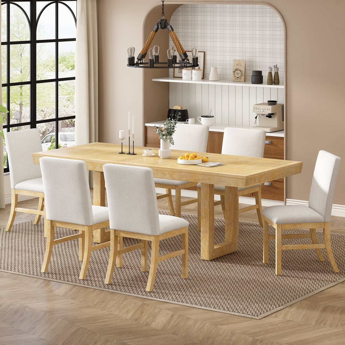 Harper & Bright Designs Farmhouse 7 Pieces Extendable Dining Table Set for 6, Solid Wood Kitchen Table with Butterfly Leaf and 6 Upholstered Chairs, Brown