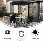 Flash Furniture Nantucket 6 Piece Black Patio Garden Set with Umbrella Table and Set of 4 Folding Chairs