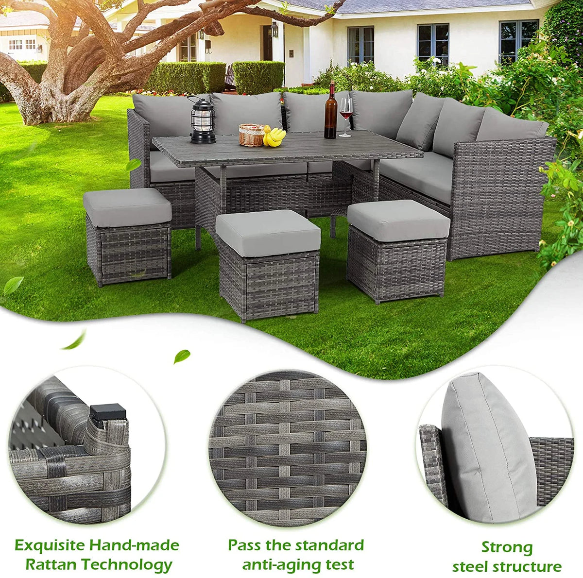 AECOJOY 7 Piece Patio Furniture Set PE Rattan Outdoor Dining Set Sectional Sofa Couch with Table Patio Conversation Set in Gray