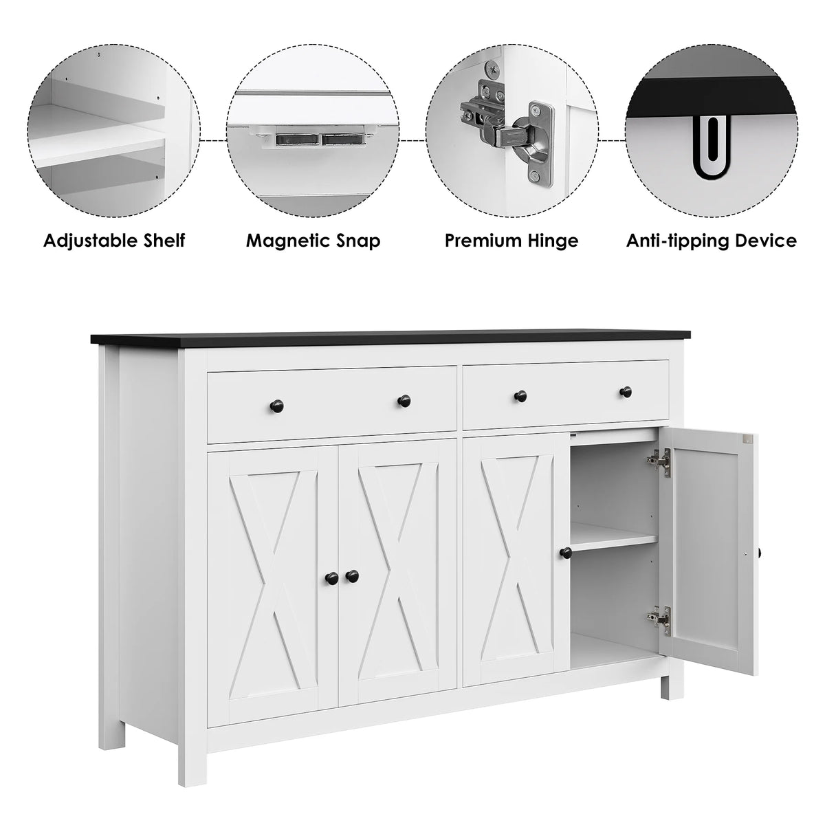Homfa 55.1'' W Farmhouse Storage Cabinet, 4-Doors 2-Drawers Wood Sideboard with Adjustable Shelves for Kitchen Dining Room, White