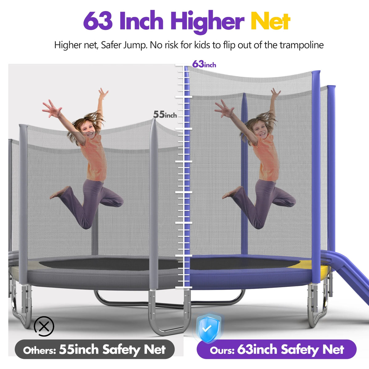 EUROCO 7FT Trampoline with Removable Slide, Kids Indoor Outdoor Trampoline with Enclosure Net and Ladder, Pink