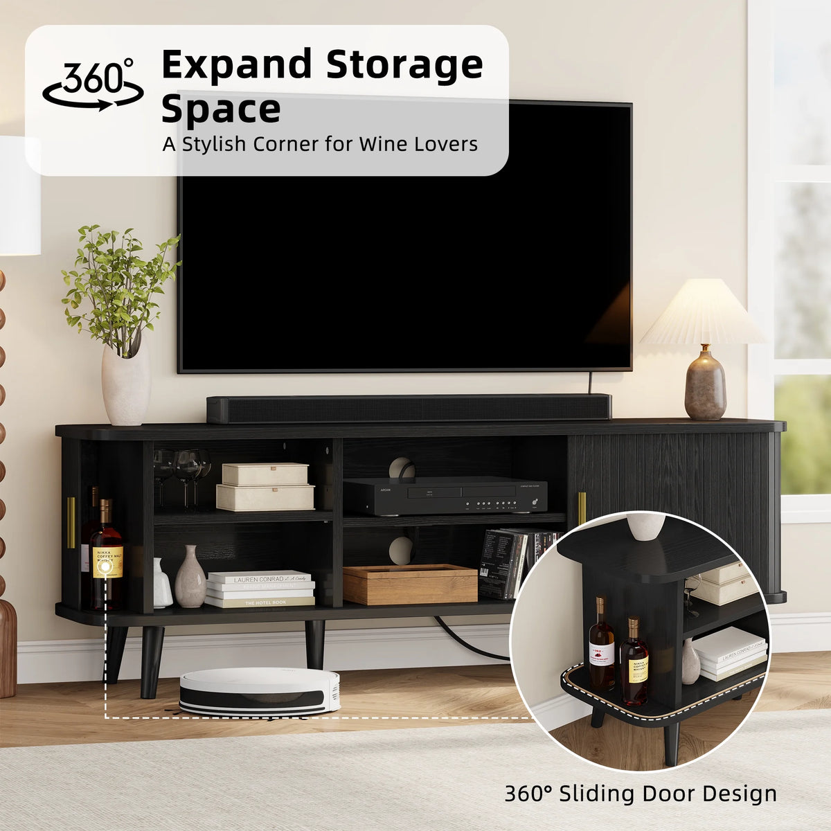 Laintene 59" TV Stand, Fluted TV Stand for TVs up to 65", Entertainment Center with Storage and Sliding Doors, Modern Media Console with Power Outlet for Living Room, Walnut
