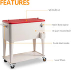 80 Quart Rolling Ice Chest, Portable Bar Drink Cooler with Catch Basin, Bottom Storage Tray and Bottle Opener for Patio Party BBQ Beach Activities