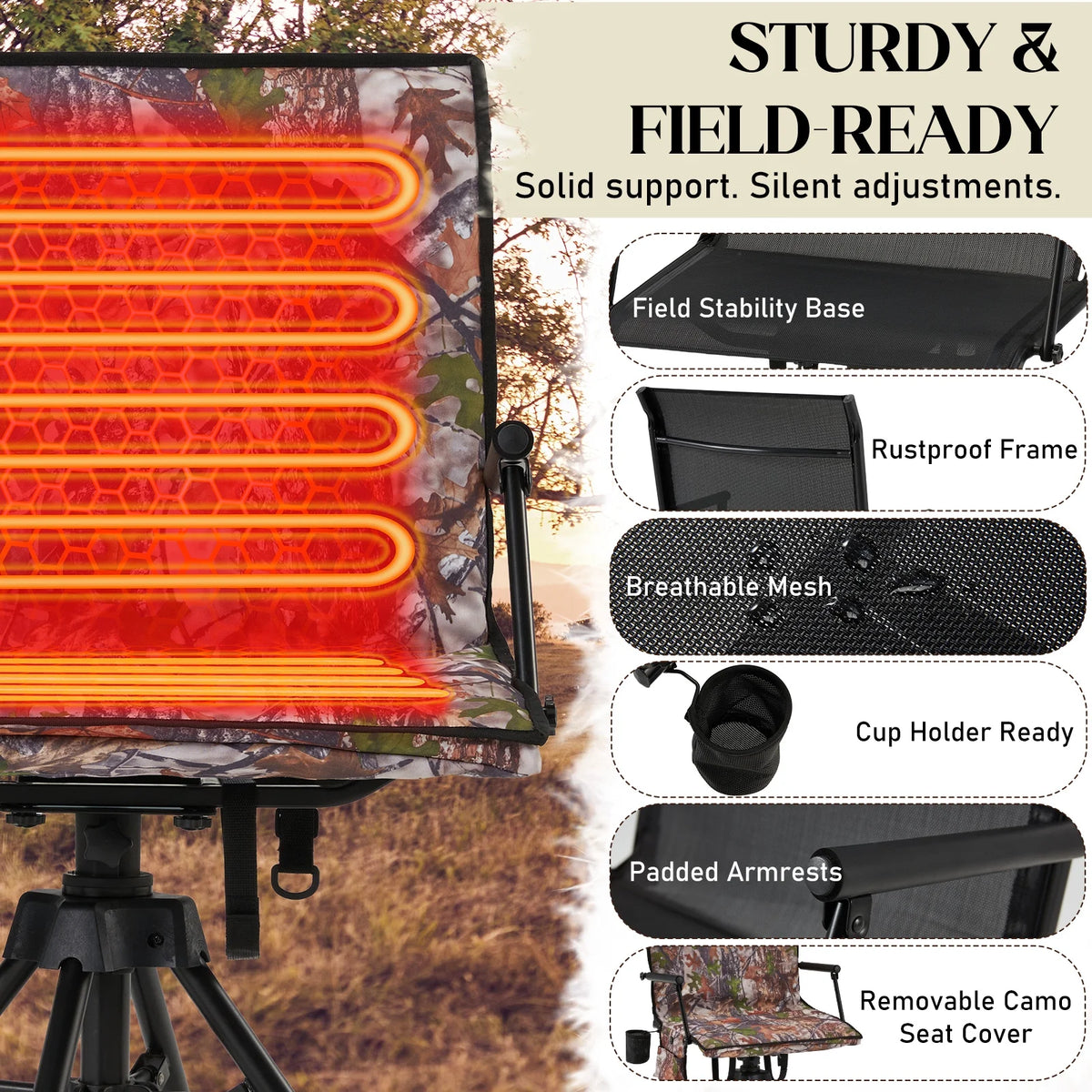 Danrelax 360�� Silent Camo Hunting Blind Chair, Armrests, Side Pouch, Telescopic Legs