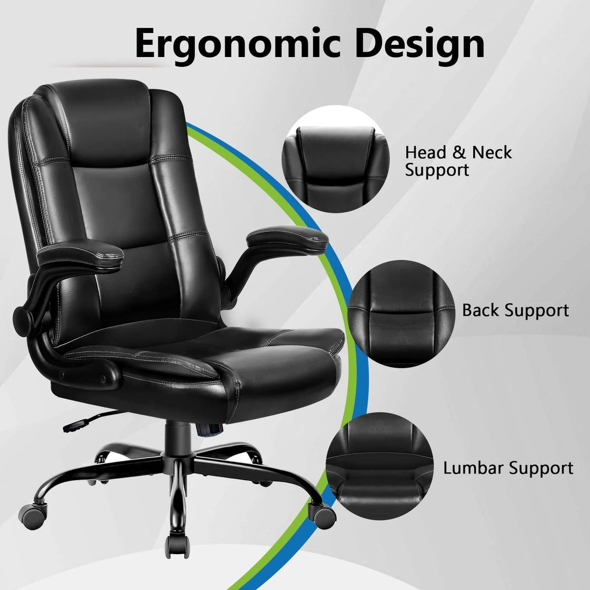 Office Chair - Ergonomic Leather Office Chair Computer Desk Chair, Comfortable High Back Office Chair with Adjustable Flip-up Armrest, Executive Leather Office Desk Chair with Smooth Wheels, Black