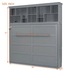 Queen Size Murphy Bed Wall Bed with Top Shelves & USB Charging, Space-Saving Cabinet Bed with Flexible Slats, Gray Modern Foldable Bed