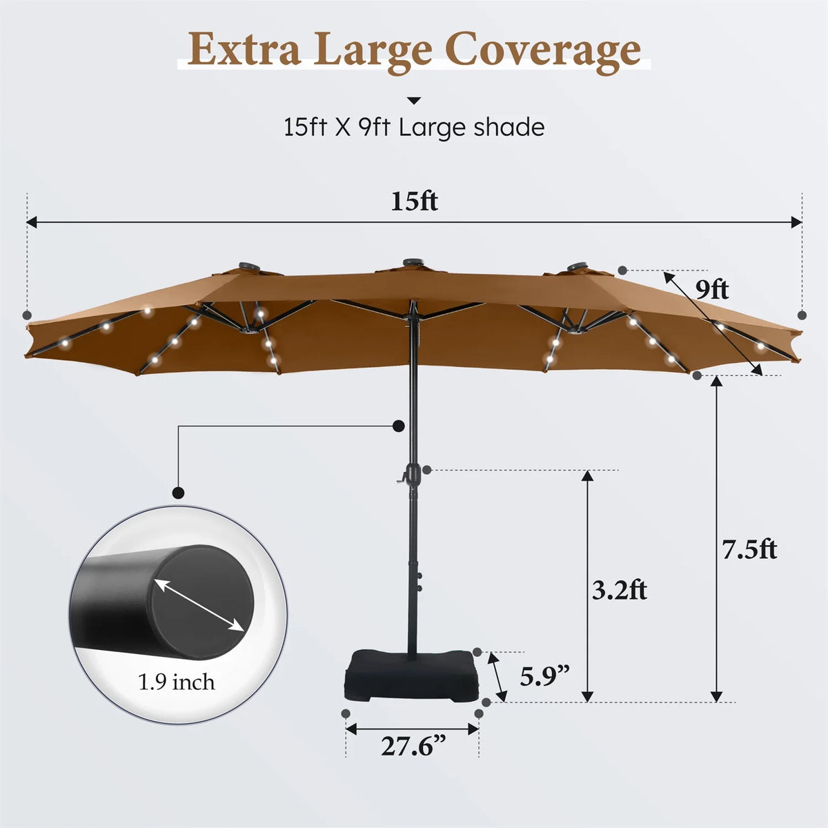 Summit Living 15 FT Double-Sided Solar Patio Umbrella with Base Large Outdoor Umbrella with LED Solar Lights - Haze Blue