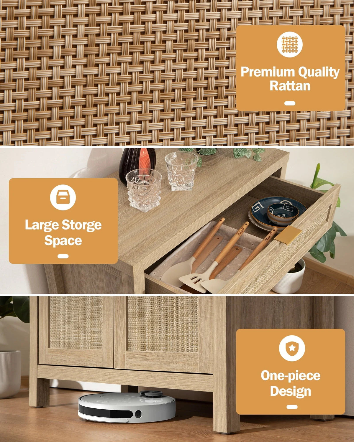 Nopurs Rattan Sideboard Buffet Cabinet Set of 2,Boho Storage Cabinet Buffet Table with Doors and Drawer,Coffee Bar Cabinet for Kitchen Entryway Living Dining Room,Light Oak