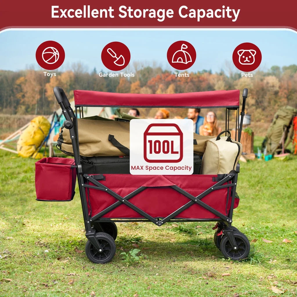 VECUKTY Collapsible Garden Wagon Cart with Removable Canopy Black