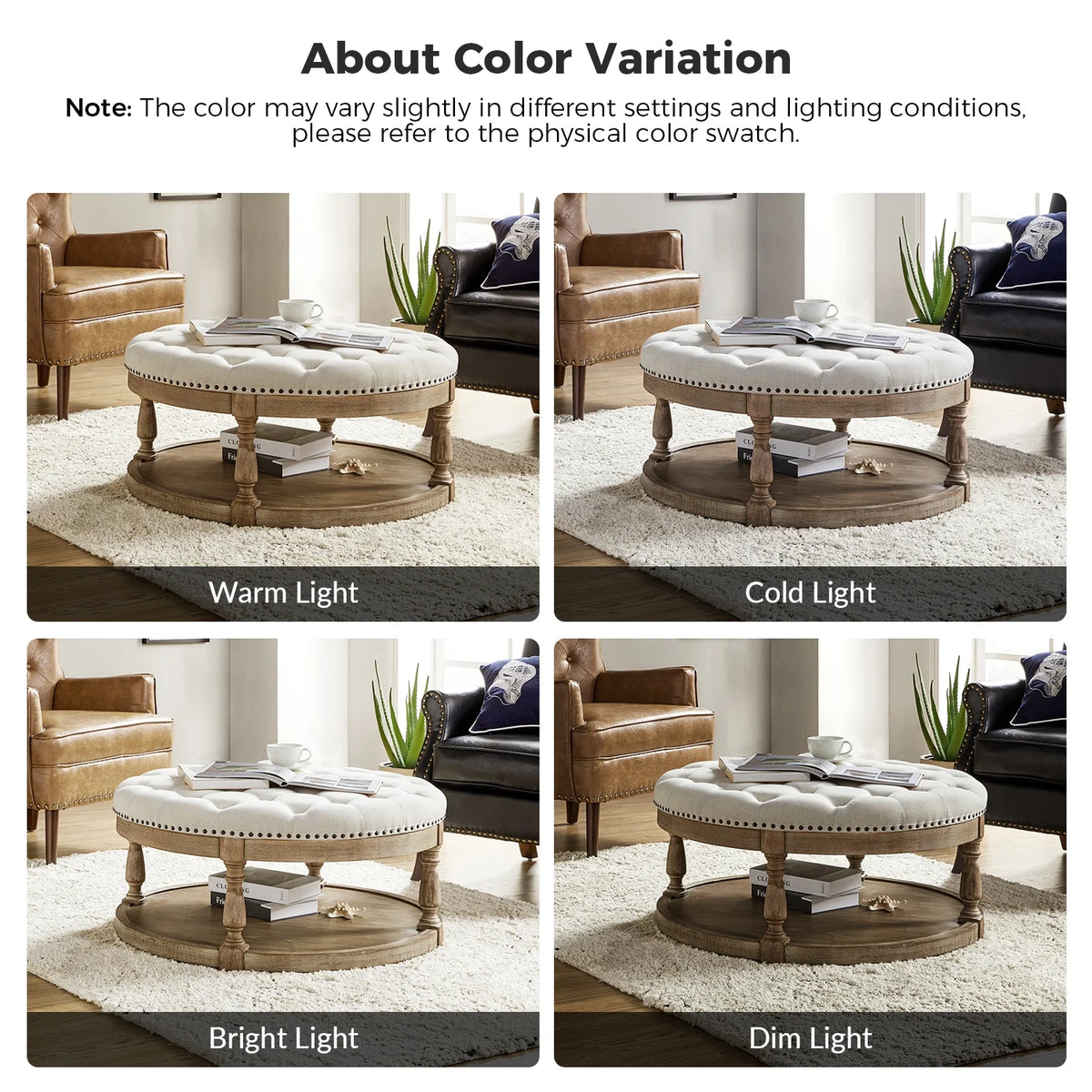 36'' Wide Blue Round Large Ottoman Tufted Coffee Table with Storage Wood Legs Home Living Room