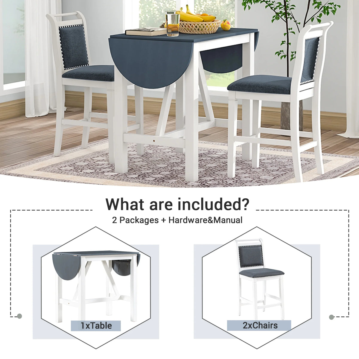 Harper & Bright Designs 3 Piece Wood Folding Dining Table Set Drop Leaf Table with 2 Padded Counter Height Dining Chairs for Small Place, Brown