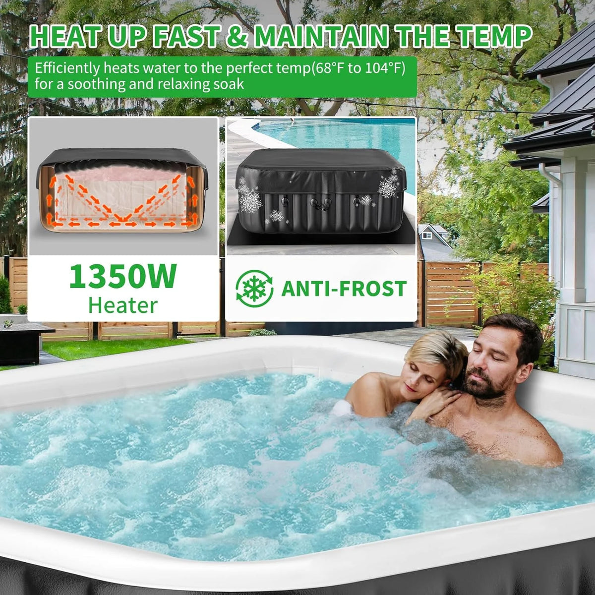 Sunyrisy 4-6 Person Inflatable Hot Tub, Square Blow Up Portable Hot Tub, Leak-Proof PVC Outdoor Spa with 130 Strong Air Jets, Heater Pump and Insulated Cover, 73�� X 73��X 25��