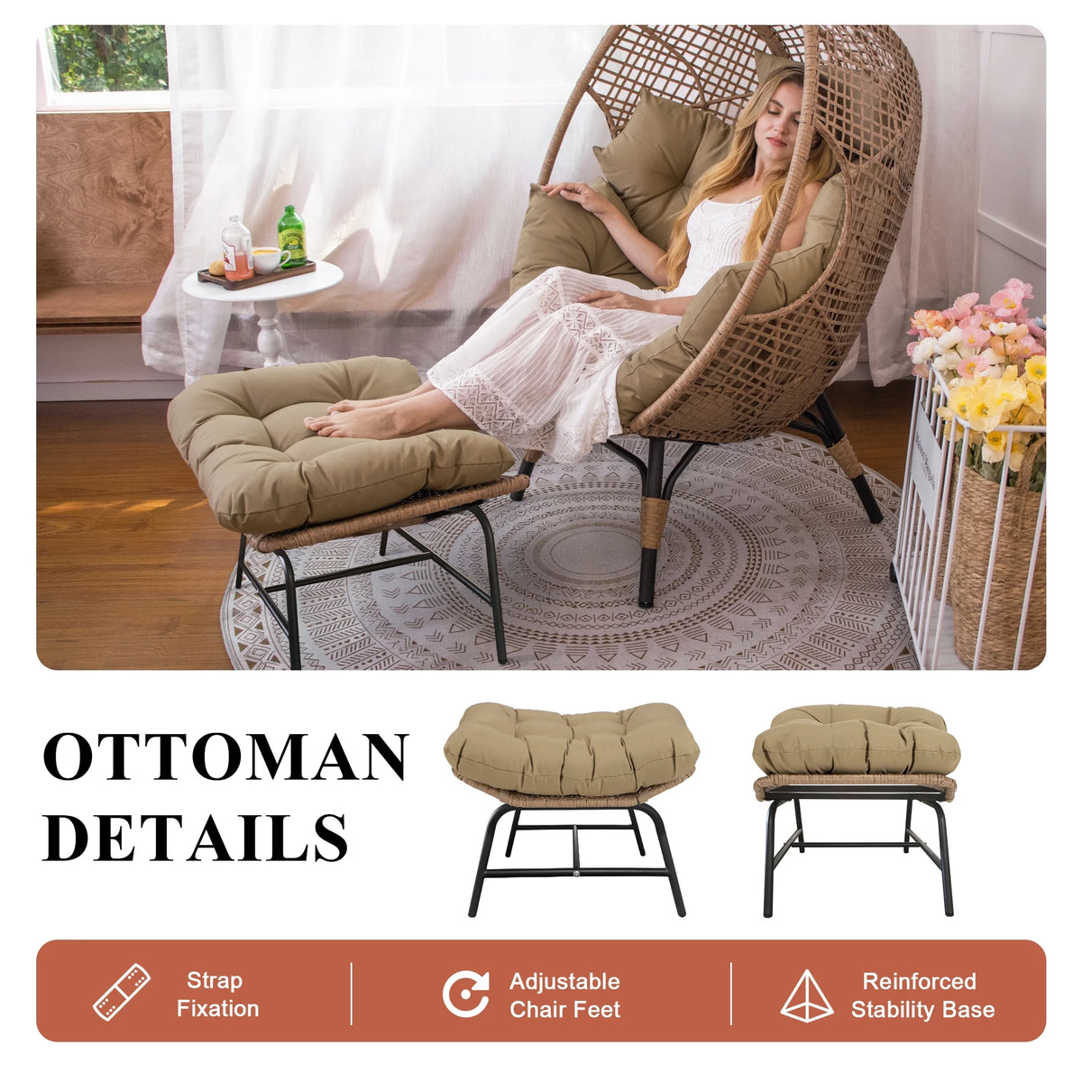 RADIATA 440 lbs Outdoor Egg Chair with Foot Rest & Ottoman, Wicker Patio Egg Chair for Indoor or Garden,Beige