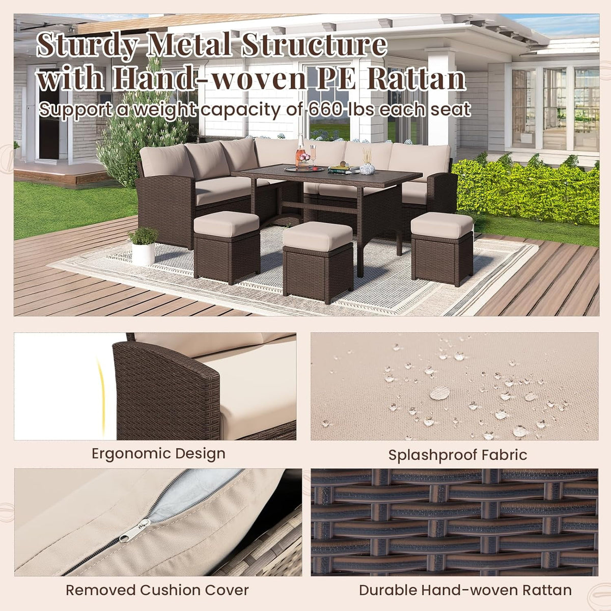 AECOJOY 7 Piece Patio Furniture Set PE Rattan Outdoor Dining Set Sectional Sofa Couch with Table Patio Conversation Set in Gray