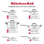 KitchenAid 5-Ply Clad 10 Pcs Stainless Steel Cookware Induction Pots and Pans Set, Dishwasher Safe, Metal Utensil, Broiler and Oven Safe to 500��F, Polished Stainless Steel