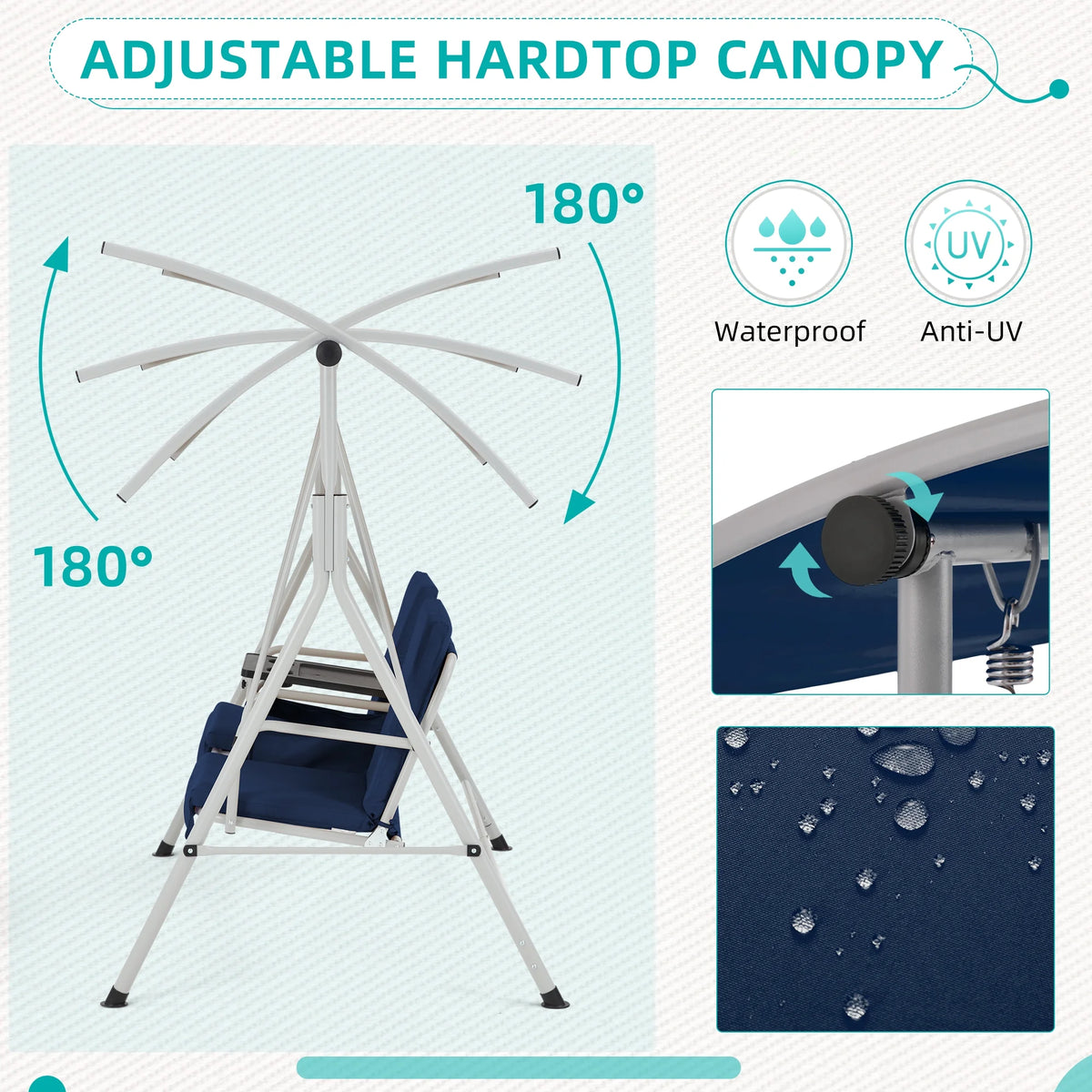 HOMREST Patio Swing with Adjustable Canopy��Heavy Duty 650 LBS Outdoor Swing with Pivot Storage Table & 4 Cup Holders & Cushions for Yard, Lawn, Backyard, Navy Blue