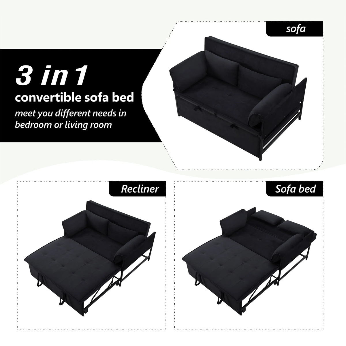 Gewnee 55'' Modern Convertible Velvet Sofa Bed with Pull-Out Twin Bed, Adjustable Backrest for Living Room, Office (Dark Gray)