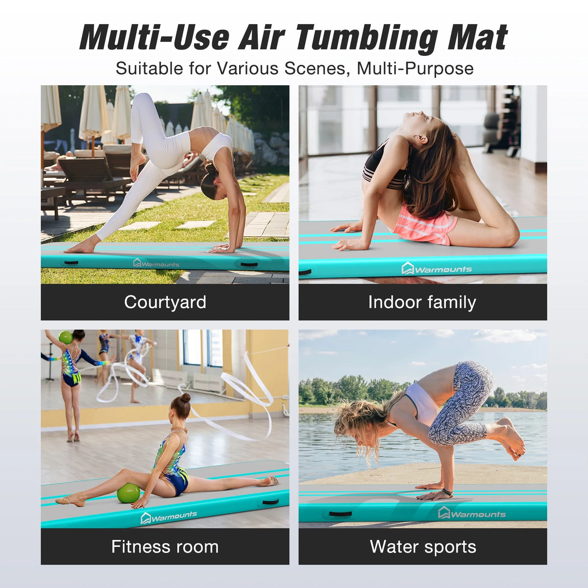 WARMOUNTS Tumbling Mat, 10 ft Inflatable Air Gymnastics Training Mats w/ Electric Pump, 4'' Thick Tumble Track for Home, Gym, Cheerleading, Water, Outdoor