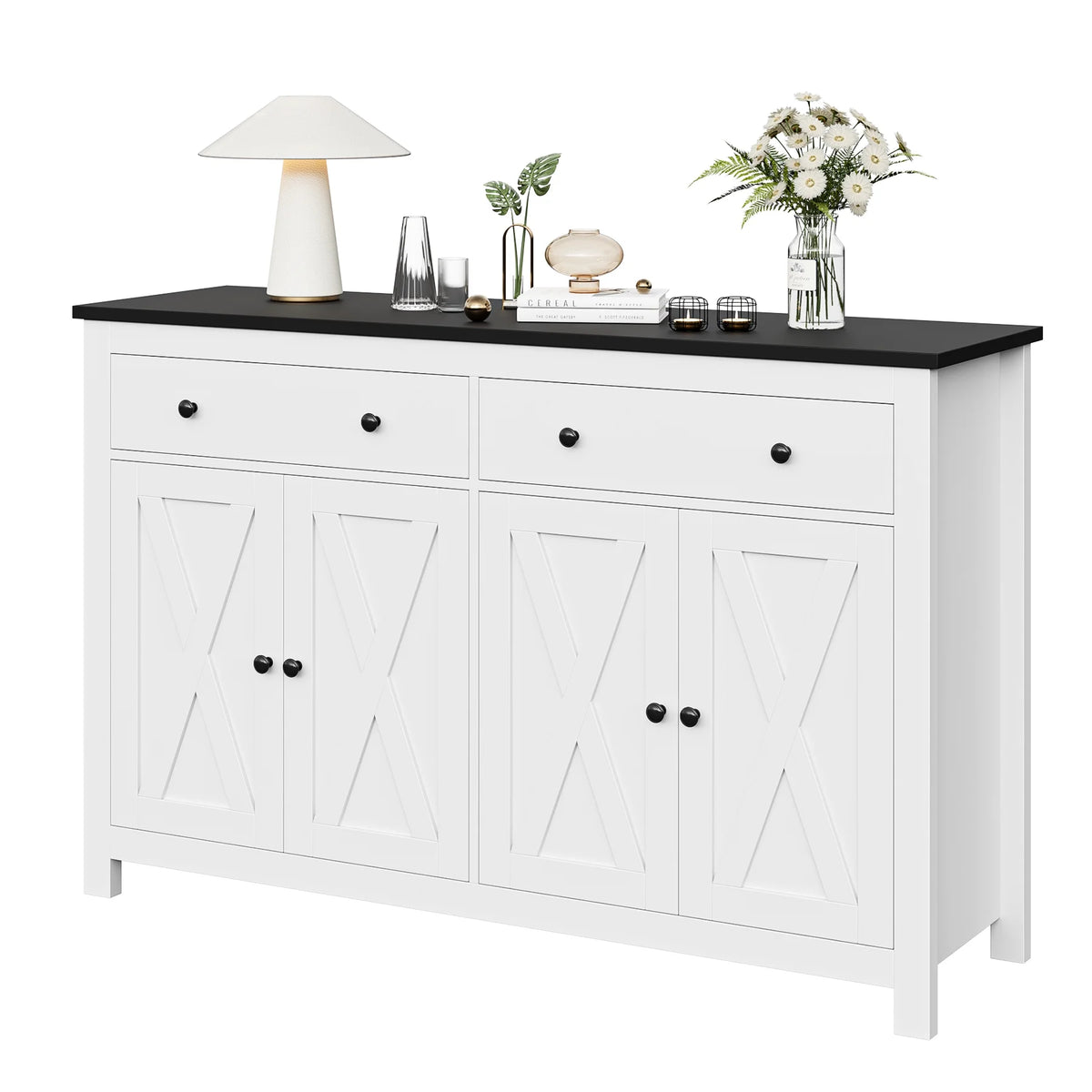 Homfa 55.1'' W Farmhouse Storage Cabinet, 4-Doors 2-Drawers Wood Sideboard with Adjustable Shelves for Kitchen Dining Room, White